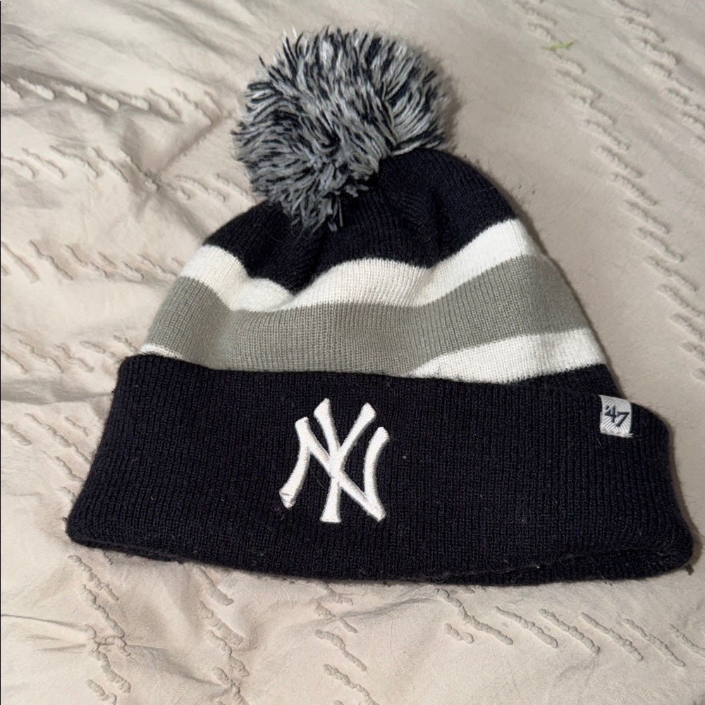 Yankees Striped Beanie with Pom